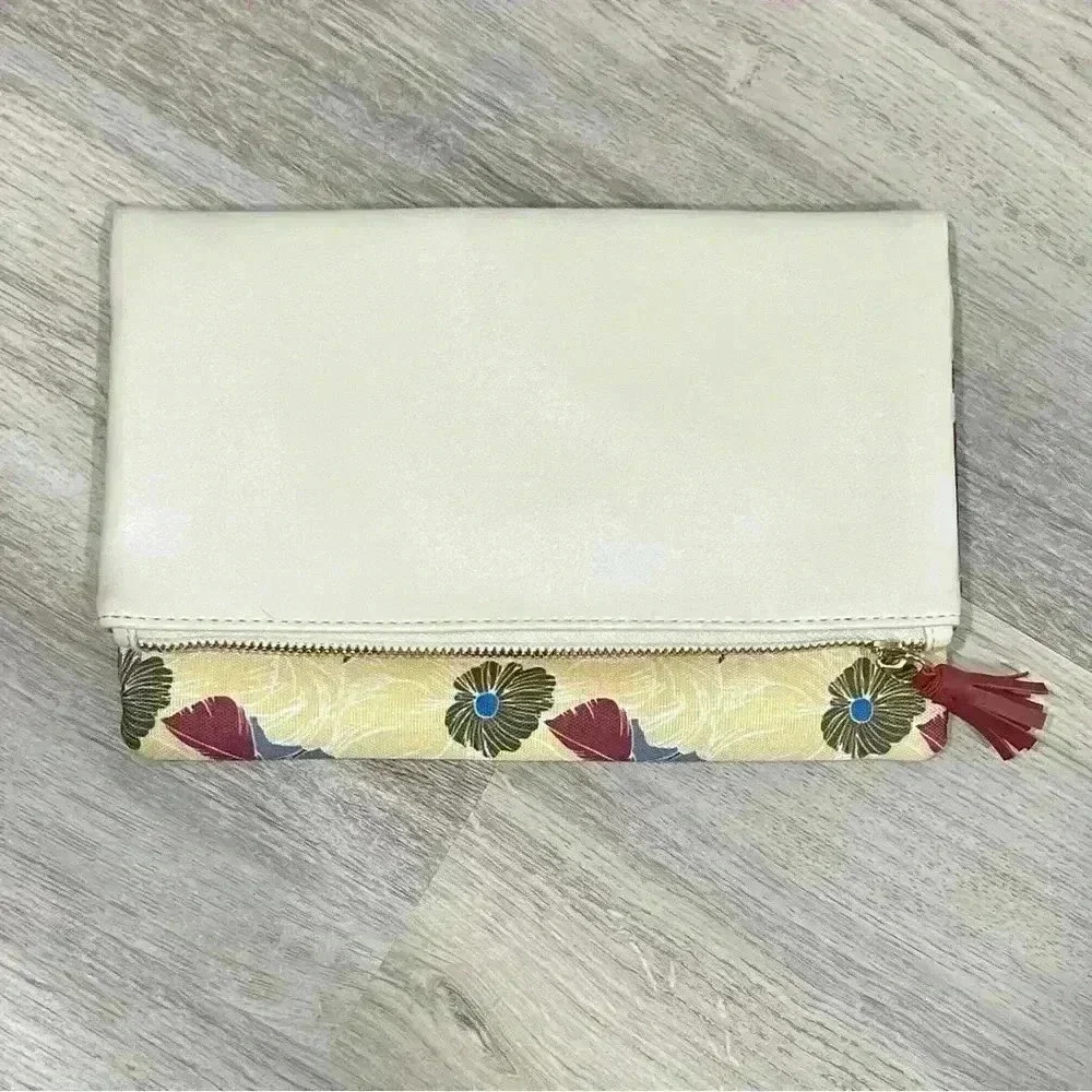 Rachel Pally Reversible Fold Over Clutch Bag Floral Canvas Cream Faux Leather